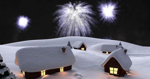 Christmas Eve Fireworks Over Snowy Village Cabins - Download Free Stock Images Pikwizard.com