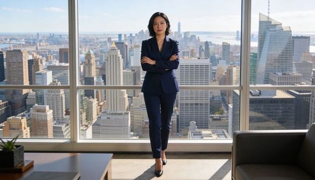 Confident executive standing with arms crossed in highrise office overlooking city skyline