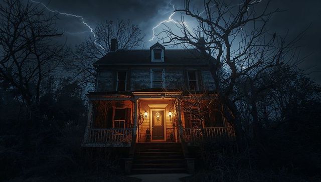 Haunted rural house under spectacular stormy night sky