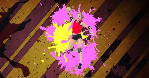 Dynamic female handball player on vibrant artistic background
