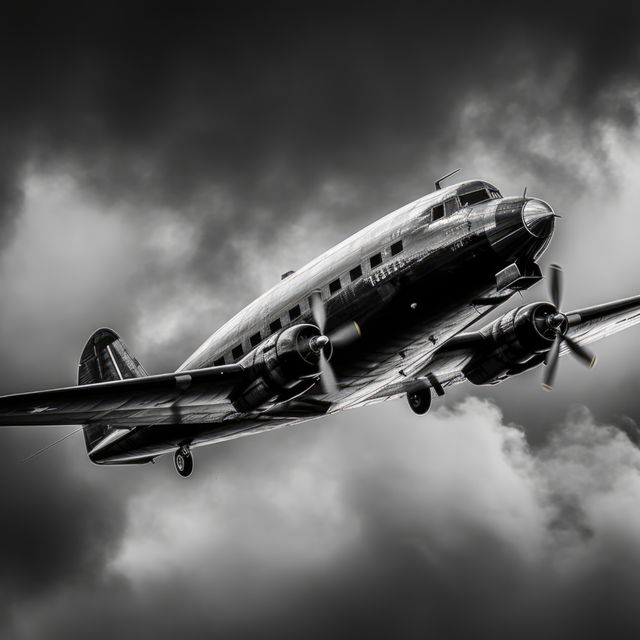 Vintage airplane flying in dramatic stormy sky presents a sense of history and adventure. Useful in travel and aviation themes, historical articles, memorabilia, or dramatic illustrations depicting exciting travel and air adventures. Captures the essence of early aviation, offering a nostalgic view of air travel.