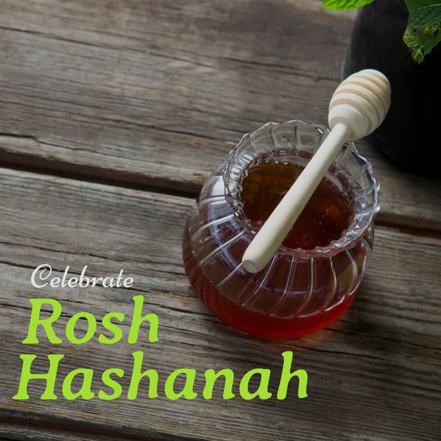 Digital composite image of honey in jar with celebrate rosh hashanah text on table, copy space - Download Free Stock Videos Pikwizard.com