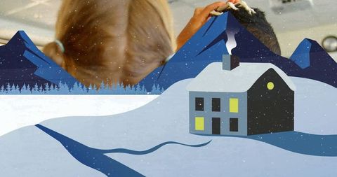 Winter Scene with Serene Salon Moment and Snowy Cabin Illustration