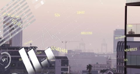 Digital Financial Data Visualized Over Urban Skyline