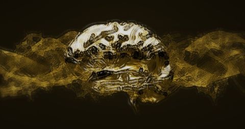 3D Yellow Metallic Skull with Coronavirus DNA Background