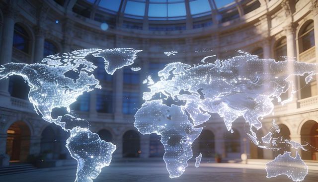 Holographic world map floating above grand neoclassical rotunda reflecting on marble floor