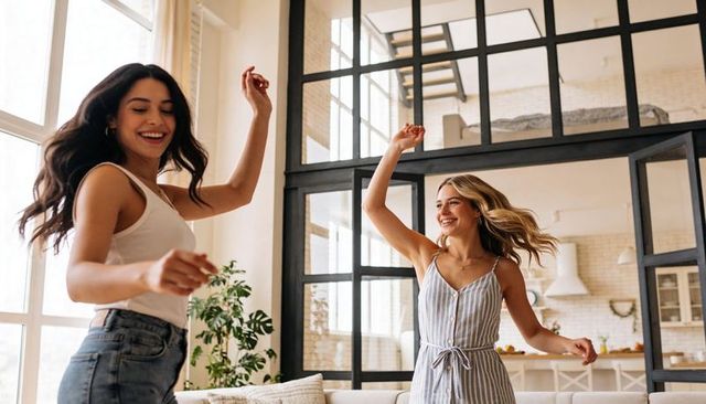 Friends dancing in sunlit loft living room laughing and twirling in casual summer outfits