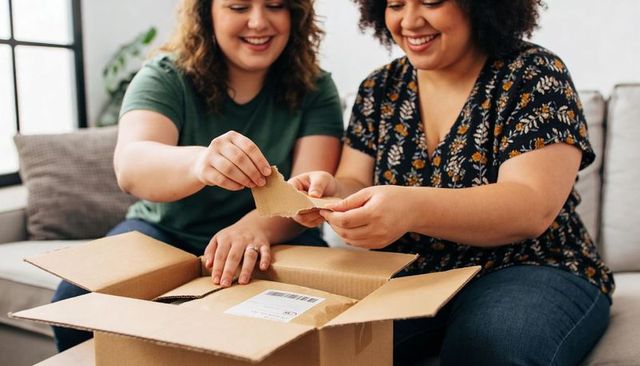 Friends unboxing online order on cozy sofa smiling while removing packing material
