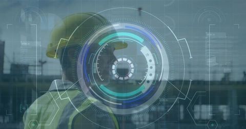 Digital Overlay on Engineer with Futuristic Interface Display