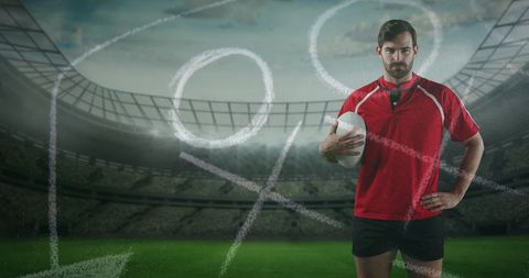 Rugby Player in Stadium with Strategic Game Plan Sketch