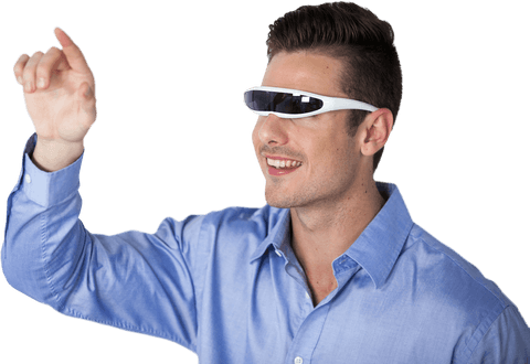 Smiling Man Engaging with Virtual Interface Using Transparent Smart Glasses - Download Free Stock Videos Pikwizard.com