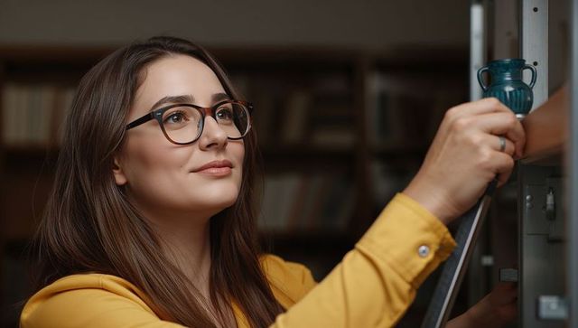 Librarian placing teal vase on metal shelf in study holding book and wearing glasses
