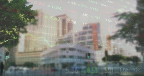 Stock Market Data Overlay on Cityscape Illustrates Economic Concepts