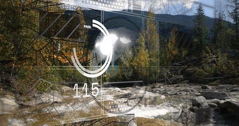 Digital interface overlaying scenic autumn mountain stream