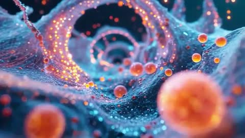 Dynamic Futuristic Fibrous Matrix with Shimmering Orange Spheres