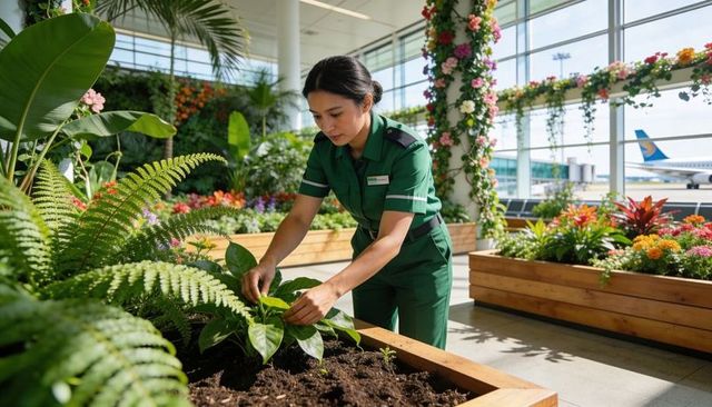 Airport gardener tending tropical planter in sunlit terminal with vibrant flowers & vines