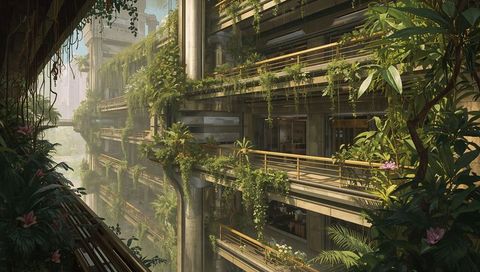Overgrown Multilevel Urban Atrium Reclaiming Concrete Facade with Hanging Vines