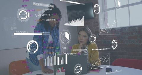 Two Women Collaborating on Cybersecurity Analytics at Laptop with Futuristic Data Overlays
