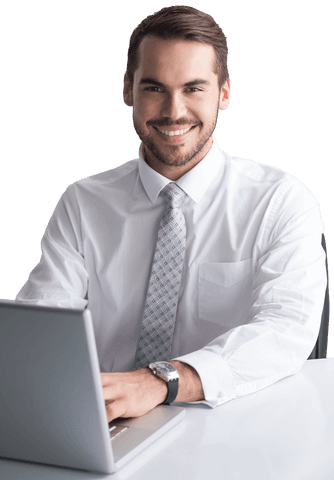 Transparent smiling businessman typing on laptop