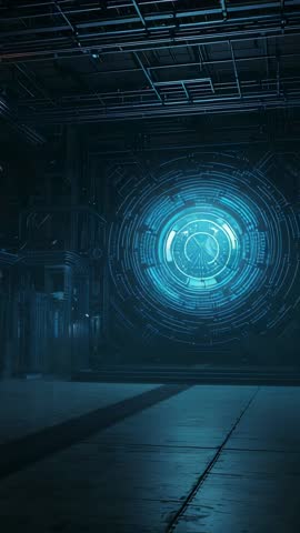 Pulsing blue holographic interface materializing with sliding orange module in tech lab