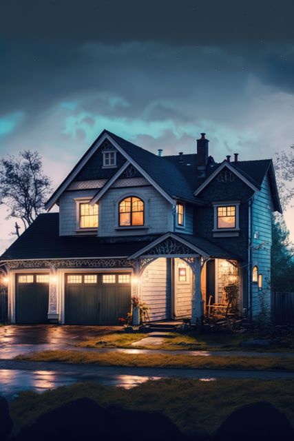 This image depicts a Victorian-style house at night, with warm illuminated windows and intricate architectural details. Ideal for use in real estate promotions, architecture blogs, storytelling backgrounds, or cozy home inspiration content.