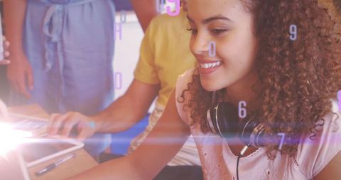 Young Students Collaborating with Digital Interface Overlay