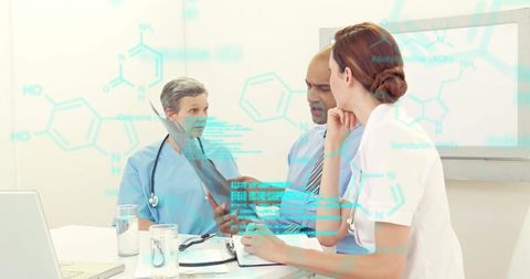 Diverse Physicians Analyzing Data with Digital Overlay in Medical Lab