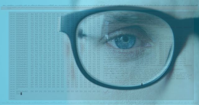 Image of blinking eye of man in glasses with interface and fast scrolling digital information. communication technology digital interface concept, digitally generated image.