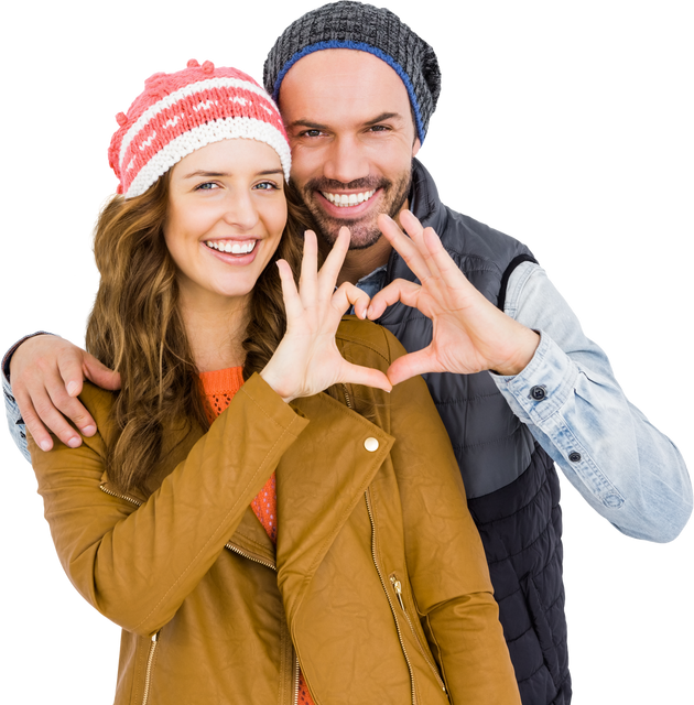 Happy Couple Wearing Winter Outfits Making Heart Gesture Transparent - Download Free Stock Videos Pikwizard.com