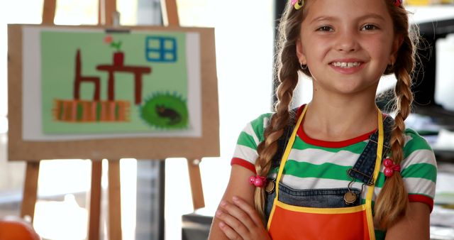 Young girl presenting her artwork in an art class, standing confidently with crossed arms. Ideal for use in educational, creative, and children's activity contexts. Great for promoting art classes, creativity in children, or educational materials.