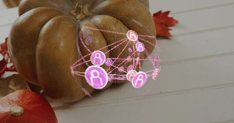 Heirloom pumpkin with pink holographic social network globe on white wooden table