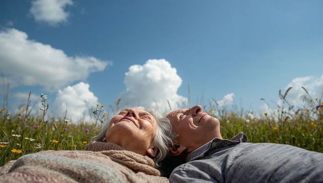 Senior Couple Relaxing in Wildflower Meadow Gazing at Blue Sky with Puffy Clouds and Sunshine