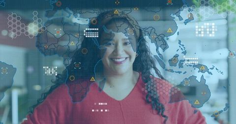 Smiling professional woman viewing global data overlay and network analytics hud in office