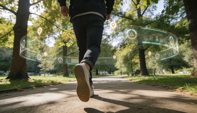 Augmented reality data ring guiding pedestrian on urban park path with gps and profile icons