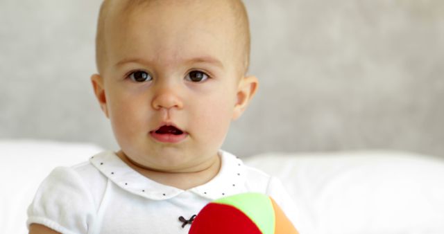 This image depicts an infant holding a colorful toy while seated in a home environment, wearing a white outfit. Great for use in articles and advertisements promoting family life, child development, parenting tips, baby products, or infant healthcare.