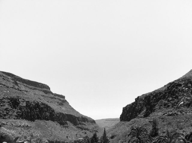 Stunning black and white depiction of a mountainous canyon with rugged rock formations and a clear horizon line. Ideal for use in backgrounds, environmental documentaries, travel brochures, or art pieces focusing on natural beauty and landscapes.