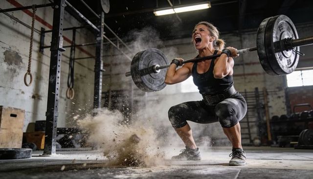 Female athlete power clean squatting with barbell and chalk explosion in industrial gym