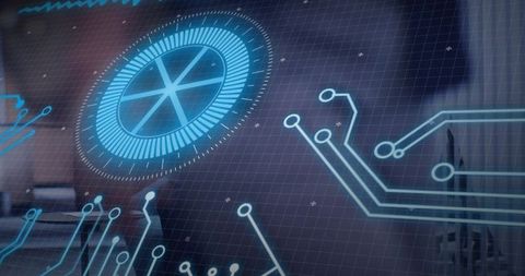 Futuristic holographic HUD projecting blue circuitry and grid on lab glass panel