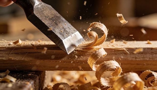 Sharp chisel carving tight wood curls and flying sawdust on timber bench closeup