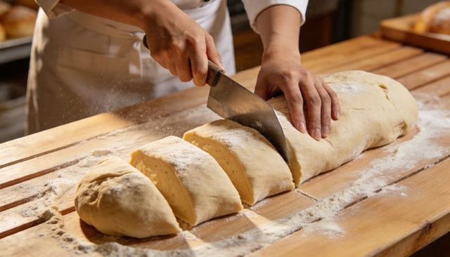 Baker slicing dough log with chef's knife on floured wooden board for artisan bread