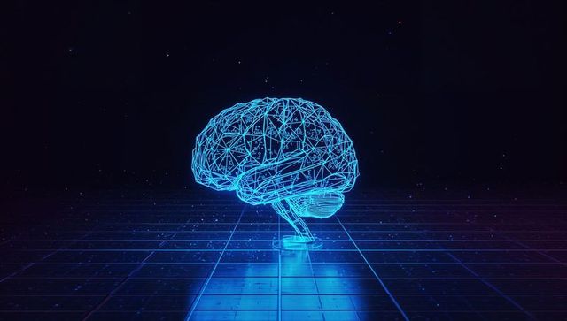 Futuristic Wireframe Brain Hologram on Digital Grid
