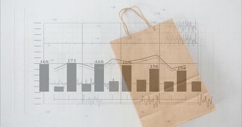 Kraft paper bag overlaying bar and line chart for retail packaging analytics and branding