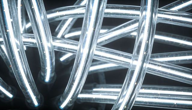 Interwoven cool white led tubes forming futuristic luminous spiral installation