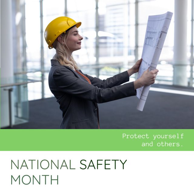 Female Engineer Reviewing Blueprint for National Safety Month Awareness - Download Free Stock Templates Pikwizard.com