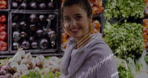 Smiling woman shopper selecting fresh produce with digital retail analytics overlay