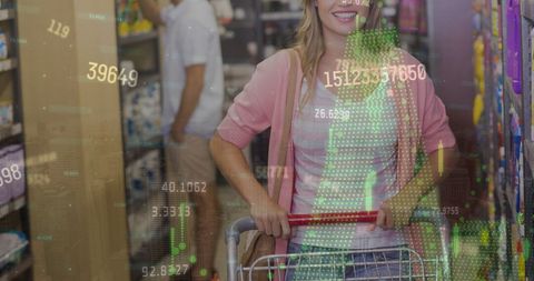 Blurred Financial Data Overlay Networking Female Shopper with Cart