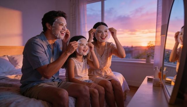 Family applying sheet masks at sunset in cozy bedroom for shared self-care ritual
