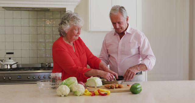 Caucasian senior couple smiling while looking at each other in the kitchen at home. retirement senior couple lifestyle living concept