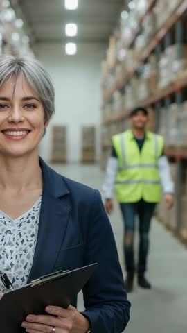 Warehouse manager checking clipboard while worker walking aisle, vertical logistics team video