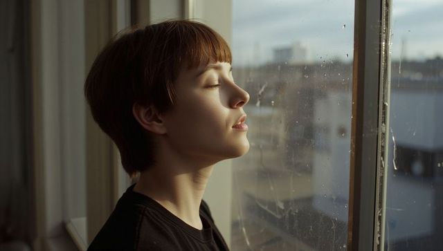 Young woman soaking up soft window light, contemplative profile portrait for wellness